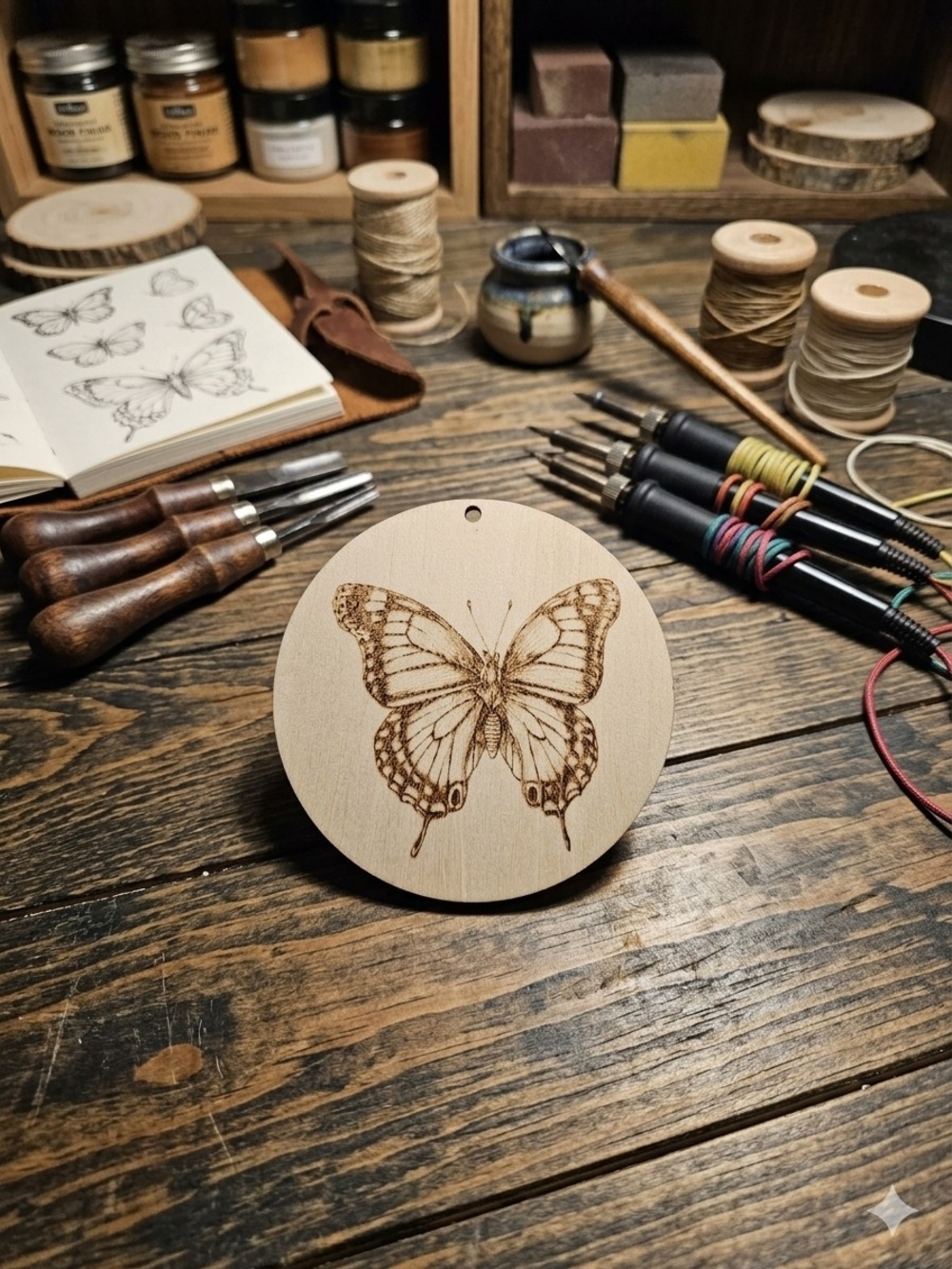 Round Wooden Butterfly Burned Ornament